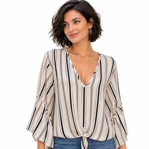 Lavender Field Bell Sleeve Blouse Womens Medium White Striped Tie Waist Top